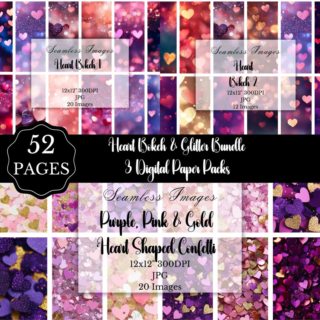 Heart Bokeh & Glitter Digital Paper Bundle: 52 JPG Seamless Patterns ...