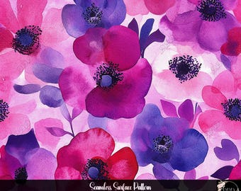 Pink & Purple Floral Seamless Pattern: Watercolor Flower Background, Surface Pattern, JPG + PNG, 12x12, Digital Download, Commercial Use