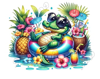 Tropical Kawaii Crocodile PNG,  Sublimation PNG, Digital Download, 300 DPI, Transparent Background,  Pool Float Summer Sublimation Clipart