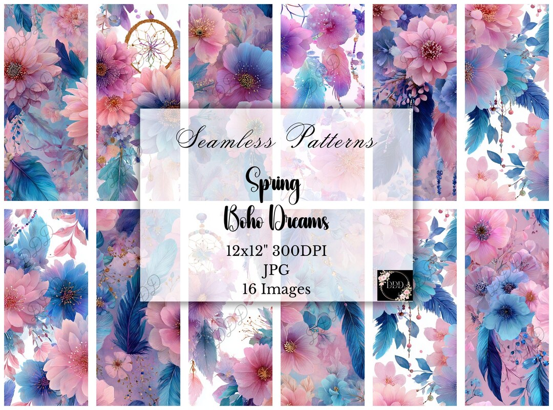 Pink Purple & Blue Boho Floral Digital Paper: Seamless Pattern ...