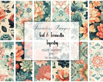 Teal & Terracotta Floral Digital Paper: Boho Watercolor, 16 Seamless JPGs, Commercial Use, Scrapbook Paper, Journal, Digital Download