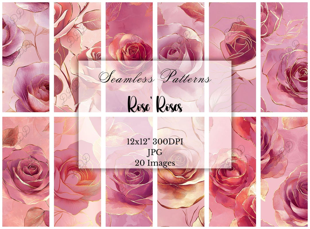 Pink Roses Pattern Paper Pink Rose Gold Floral Digital Paper: Seamless Patterns, Scrapbook Paper ...