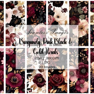 Burgund, Pink, Schwarz, Gold Floral Digital Paper Pack, nahtlos, 12 x 12 Zoll JPG, kommerzielle Nutzung, Scrapbooking, Basteln, digitaler Download