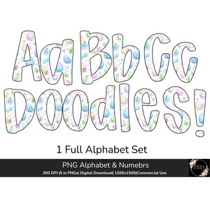 May include: A digital alphabet set featuring the word "Doodles!" in large, colourful letters. The letters are filled with Easter egg and floral patterns in pastel shades. The set includes a full alphabet and numbers.
