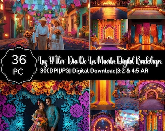 May include: A digital download product featuring 36 Day of the Dead backdrops. The images showcase vibrant scenes with colorful decorations, including floral arrangements and festive banners. The text on the image reads "Luz Y Her Dia De Los Muertos Digital Backdrops".