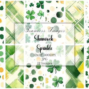 Op de afbeelding: Een verzameling van 12 naadloze digitale afbeeldingen met aquarelontwerpen. De patronen omvatten groene klavers, groene en gele stippen en abstracte groene penseelstreken. De tekst op de afbeelding luidt "Seamless Images Shamrock Sprinkle 12x12" 300DPI JPG 12 Images."