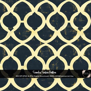 May include: A seamless surface pattern in navy blue and gold, featuring a repeating geometric design. The pattern is made up of interlocking, rounded shapes with a distressed, textured look. The image includes the text "Seamless Surface Pattern".