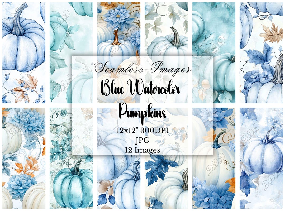 Printable Blue Watercolor Pumpkin Digital Paper, Fall Harvest Floral ...