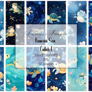 Papel digital de tortuga marina kawaii, 12 archivos JPG sin costuras, uso comercial, álbum de recortes, collage, diario, descarga digital, fondos, tortugas bebés