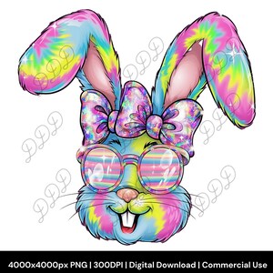 Coniglietto tie-dye arcobaleno in formato PNG, coniglietto con fiocco glitterato retrò e occhiali da sole, download digitale, 300 DPI, uso commerciale, clipart pasquale