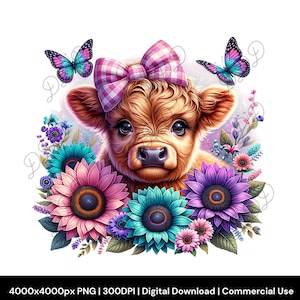 Cute Highland Cow Sublimation PNG, Baby Highland Cow with Bow and Flowers, Digital Download, 300 DPI, Transparent Background