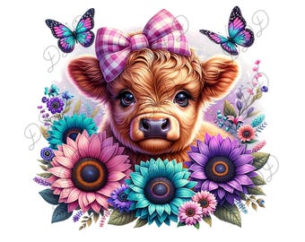 Cute Highland Cow Sublimation PNG, Baby Highland Cow with Bow and Flowers, Digital Download, 300 DPI, Transparent Background