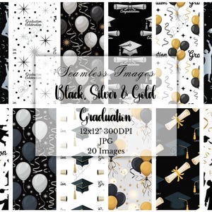 Schwarz, Silber und Gold Graduierung Digitales Papier, 20 nahtlose JPGs, Graduierung Sammelalbum, Junk Journal Seiten, kommerzielle Nutzung