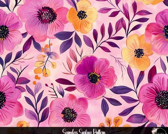 Pink Purple & Orange Floral Seamless Pattern: Watercolor Flower Background, Surface Pattern, JPG + PNG, Digital Download, Commercial Use