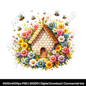 Wiosenny kwiatowy ul PNG, Pszczoły i plaster miodu PNG, Clipart przyrodniczy, 300 DPI, Clipart domu w kształcie plastra miodu, Kwiatowa pszczoła, Uroczy sublimacyjny trzmiel