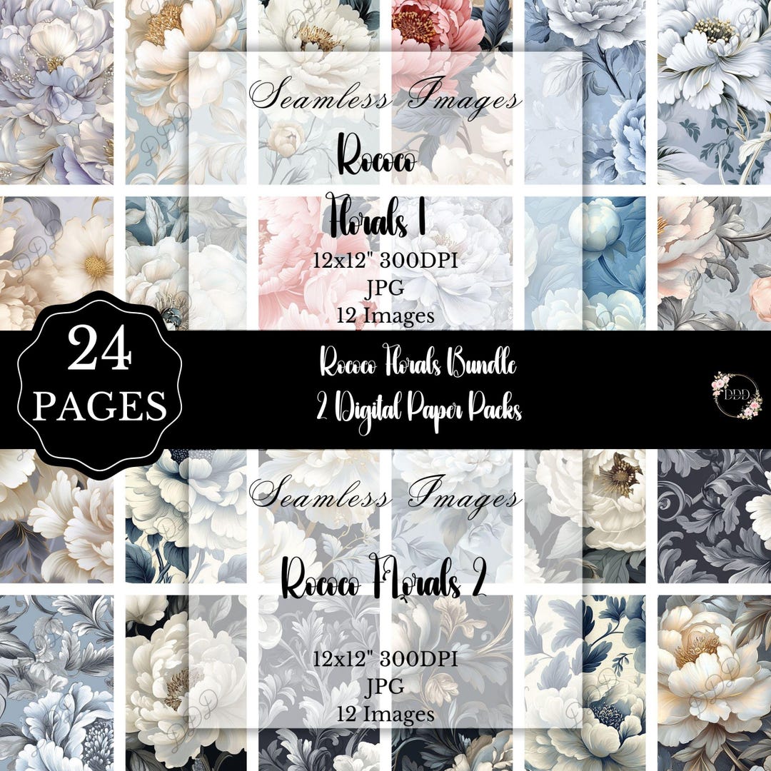 Rococo Floral Digital Paper Bundle: Peony & Rose Seamless Patterns ...