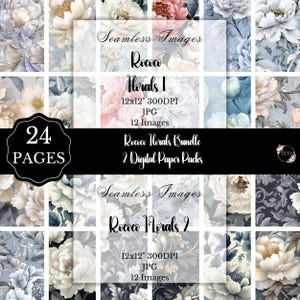 May include: A digital paper pack featuring floral designs in a Rococo style. The image includes 24 pages of seamless images, with two digital paper packs. Each pack contains 12 images, sized at 12x12 inches at 300 DPI.