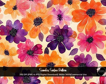 Orange Pink & Purple Floral Seamless Pattern: Watercolor Flower Background, Surface Pattern, JPG + PNG, Digital Download, Commercial Use
