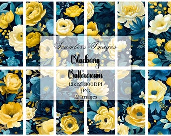 Blue & Yellow Floral Digital Paper: Flower Seamless Patterns, Botanical Scrapbook Paper, Paper Crafting, Commercial Use, Digital Download