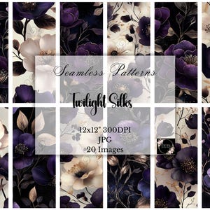Könnte beinhalten: Eine Sammlung von 20 nahtlosen digitalen Mustern mit floralen Designs in Lila, Creme und Schwarz. Die Muster zeigen verschiedene Blumenarten und Blätter, mit dem Text "Seamless Patterns Twilight Silks" und Bildmaßen von 30,48 x 30,48 cm.
