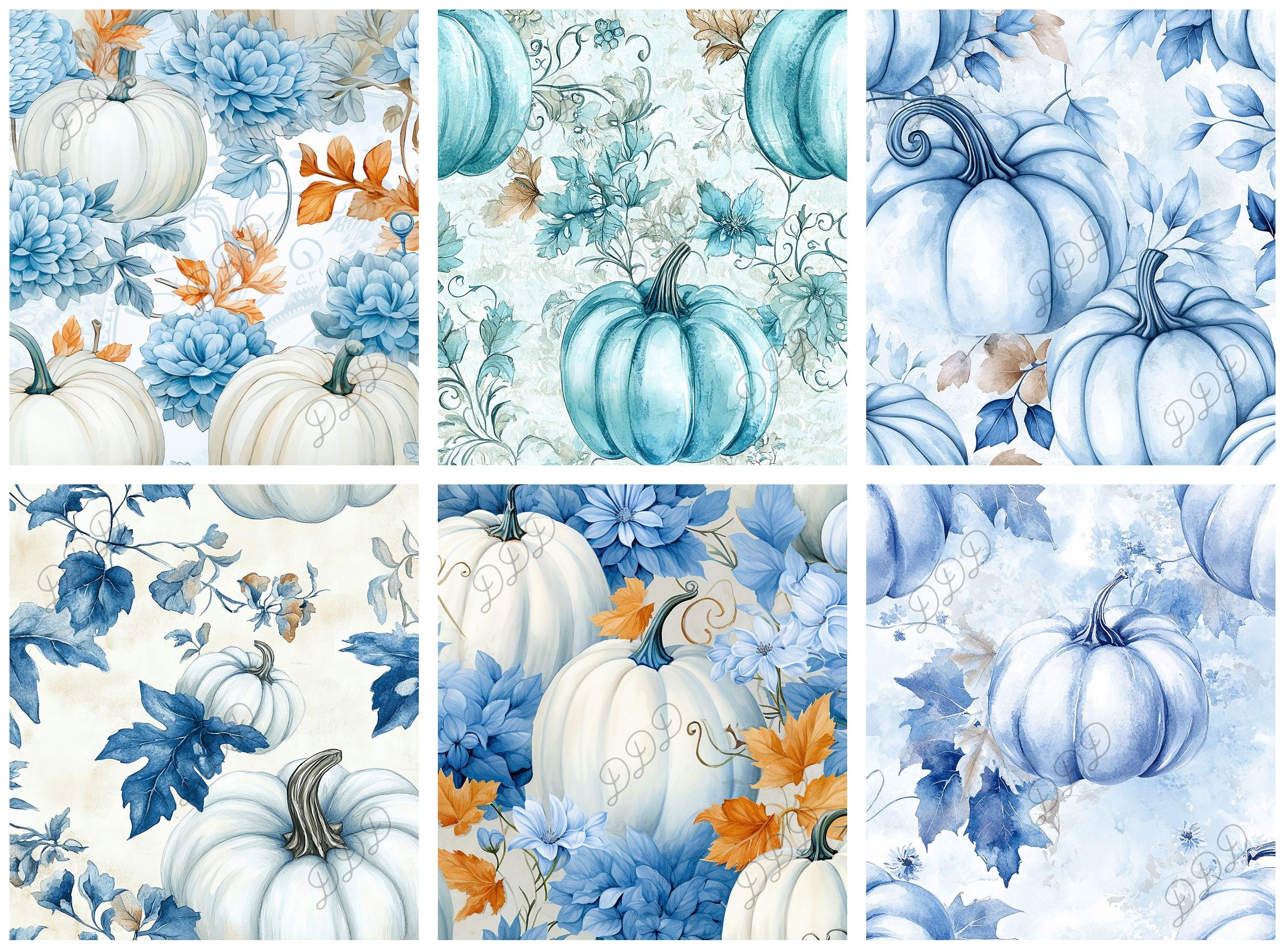 Printable Blue Watercolor Pumpkin Digital Paper, Fall Harvest Floral ...