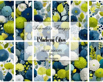 Blue & Green Floral Digital Paper: Flower Seamless Patterns, Commercial Use, Scrapbooking, Paper Crafting, Digital Download