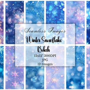 Paquete de papel digital con efecto bokeh de copos de nieve invernales, JPG de 12 x 12, 300 ppp para uso comercial, fondos invernales sin costuras, destellos de luz suave y purpurina.