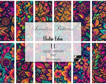 Neon Rainbow Floral Digital Paper: Colorful Psychedelic Flowers Seamless Patterns, Commercial Use, Scrapbooking, Crafting, Digital Download
