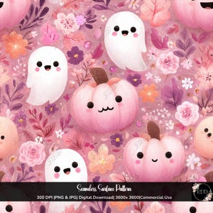 May include: A seamless digital surface pattern featuring white cartoon ghosts and light pink pumpkins with smiling faces, interspersed among various pink, purple, and orange flowers and leaves on a soft pink background with text at the bottom.