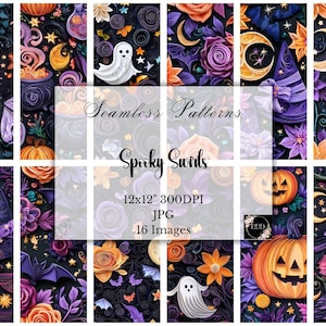 Könnte beinhalten: Eine Sammlung von sechzehn nahtlosen digitalen Mustern mit Quilling-Papier-Illustrationen von Kürbissen, Geistern, Mondsicheln, Fledermäusen und violetten Rosen auf dunklem Grund. Text: Seamless Patterns, Spooky Swirls, 12x12" 300DPI, JPG, 16 Images.