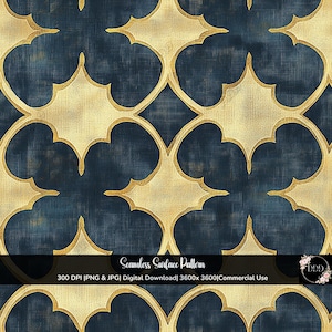 May include: A seamless surface pattern featuring a repeating quatrefoil design in deep navy blue and metallic gold. The image includes text: Seamless Surface Pattern, 300 DPI | PNG & JPG | Digital Download | 3600x3600 | Commercial Use, and a logo.