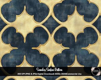 Navy & Gold Geometric Seamless Pattern: Moroccan Lattice Background, Surface Pattern, JPG + PNG, 12x12, Digital Download, Commercial Use