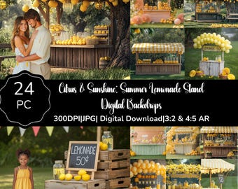 Lemonade Stand Digital Backdrop, Summer Photo Shoot Backgrounds, Photography Backdrop, Commercial Use, 24 JPGs, 2 ARs, Instant Download