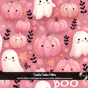 May include: A seamless digital surface pattern featuring cute pink pumpkins with bows and white ghosts on a pink background. The design includes black leafy branches and small orange leaves. Text at the bottom reads Seamless Surface Pattern.