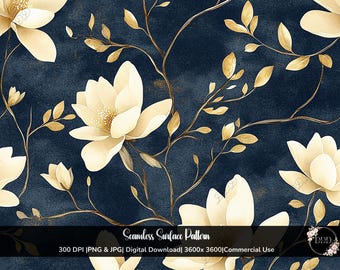 Cream Navy & Gold Floral Seamless Pattern: Flower Background, Surface Pattern, JPG + PNG, 12x12, Digital Download, Commercial Use
