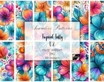 Tropical Floral Digital Paper: Bright Summer Seamless Patterns, Commercial Use, Scrapbooking, Crafting, Digital Download