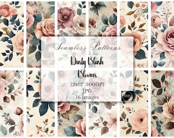 Neutral Blush Floral Digital Paper: Seamless Patterns, Floral Backgrounds, Scrapbook Paper, Commercial Use, Digital Download