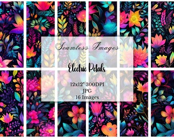 Summer Floral Digital Paper: Bright Neon Floral Seamless Patterns, Commercial Use, Scrapbooking, Crafting, Digital Download