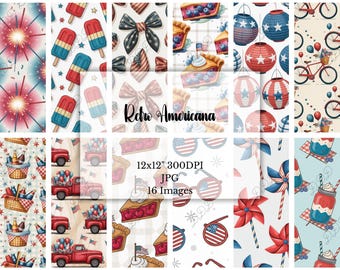 Retro Americana Digital Paper: Vintage Patriotic, 4th of July, Memorial Day, Seamless Patterns, Scrapbook Paper, Digital Download