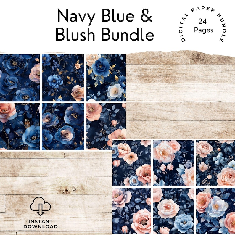Navy Blue & Pink Floral Digital Paper Bundle, 24 JPG Seamless Patterns ...