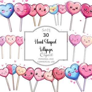 Clipart de pirulitos em forma de coração, 30 PNG, pacote de arte digital, clipart de doces fofos, uso pessoal e comercial, PNG de dia dos namorados 300DPI