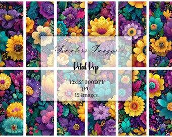 Op de afbeelding: Een verzameling van 12 naadloze bloemenafbeeldingen met levendige kleuren. De afbeeldingen tonen een verscheidenheid aan bloemen in tinten geel, paars, teal en roze. De tekst "Seamless Images" en "Petal Pop" worden weergegeven.