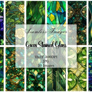 May include: 20 seamless digital paper patterns featuring green stained glass designs. Each pattern is 12x12 inches and 300 DPI.