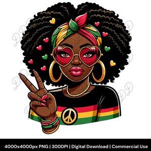 Mujer negra PNG, Juneteenth PNG, Historia negra, Rojo, negro, verde, dorado, Signo de la paz, Cabello natural, Sublimación, Uso comercial