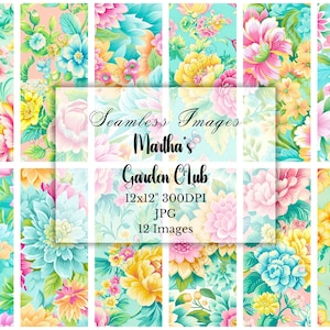 Neon Pastell Blumen Digitales Papier, Vintage Garten, 12 Nahtlose JPGs, kommerzielle Nutzung, digitaler Download, Hintergründe, Karten, Journal, Sammelalbum