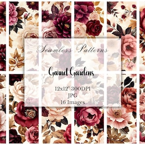 Puede incluir: Patrones sin costuras con diseños florales en tonos burdeos, crema y oro. Los patrones incluyen rosas, peonías y otras flores. Se muestra el texto "Seamless Patterns Garnet Gardens".