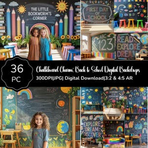 May include: A set of digital backdrops with a chalkboard theme, ideal for back-to-school photography. The images feature children, colourful drawings, and text such as "First Day of School" and "Explore Dream Discover". Includes 36 digital images.