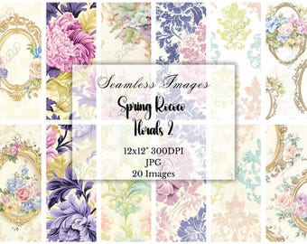 Spring Rococo Florals Digital Paper: Shabby Chic Damask Backgrounds, Seamless Patterns, Scrapbook Paper, Commercial Use, Digital Download