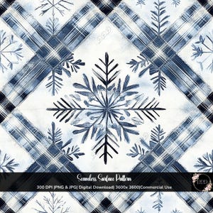 Può includere: Un motivo di superficie senza cuciture con un design ripetuto di fiocchi di neve e quadri nei toni del blu e del bianco. Il design include il testo "Seamless Surface Pattern" ed è adatto per il download digitale e l'uso commerciale.