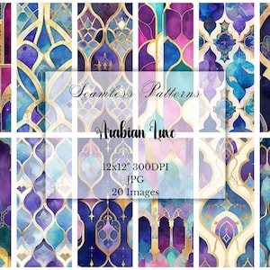 May include: A set of 20 seamless patterns with an Arabian Luxe theme. The designs showcase watercolour illustrations in shades of blue, purple, teal, and gold. The image includes text that reads "Seamless Patterns Arabian Luxe 12x12" 300DPI JPG 20 Images."